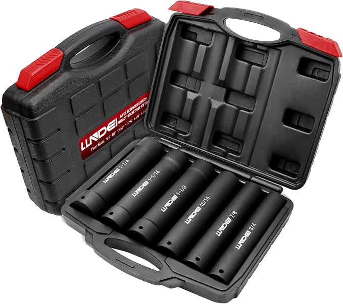 LLNDEI 1/2 Inch Drive Extended Length Impact Socket Set 6PCS Extra Deep Socket Set Include Sizes 3/4", 7/8", 15/16", 1-1/16", 1-1/8", 1-1/4" for High Torque Use