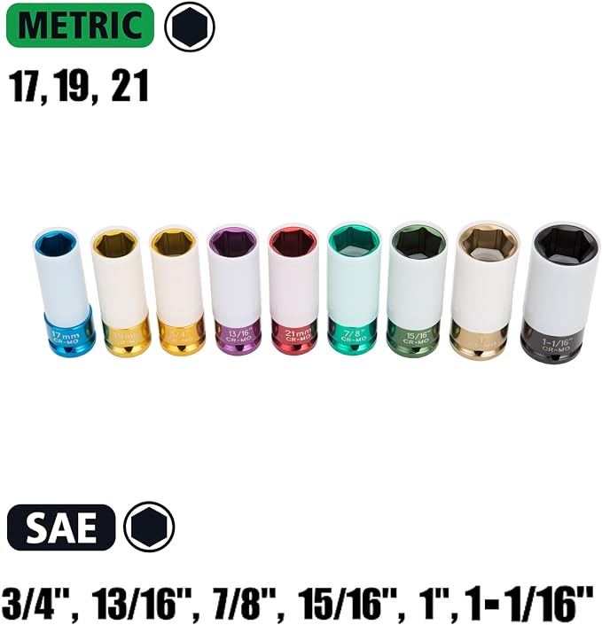OEMTOOLS 24224 9 Piece 1/2" Drive Wheel Protector Impact Socket Set, Extra Thin Wall Socket Set, Keeps Lug Nuts and Wheels Protected, SAE & Metric Sockets