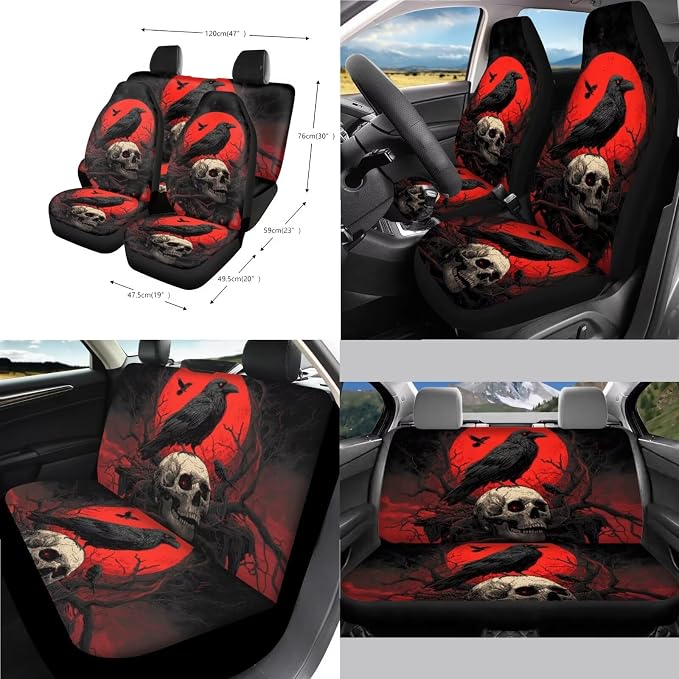 Crow Skull Print Full Set Car Seat Covers with Steering Wheel Cover Armrest Cushion Safety Belt Pads Car Rearview Mirror Cover Gear Shift Knob and Handbrake Covers Trash Bag