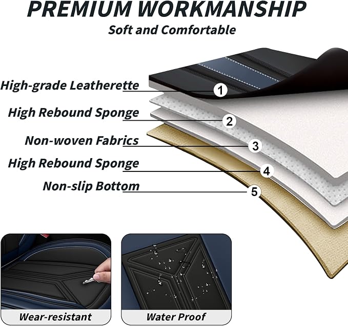 Arazi Fit for 98% of Mazda Seat Covers, 360° Full Wrap Original Seat Cover, Waterproof Nappa Leather Seat Covers with Big Space Storage Pocket Seat Protector（5 Seats Standard, Black&Blue）
