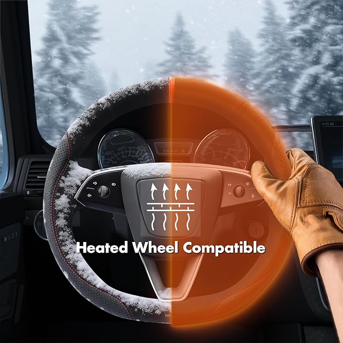 MEWANT Hand Stitched Steering Wheel Cover for 2024 2025 2026 Tesla Model 3 Highland 2025 2026 Model Y Juniper Black Suede Genuine Leather Custom Fit DIY Wrap Interior Accessories