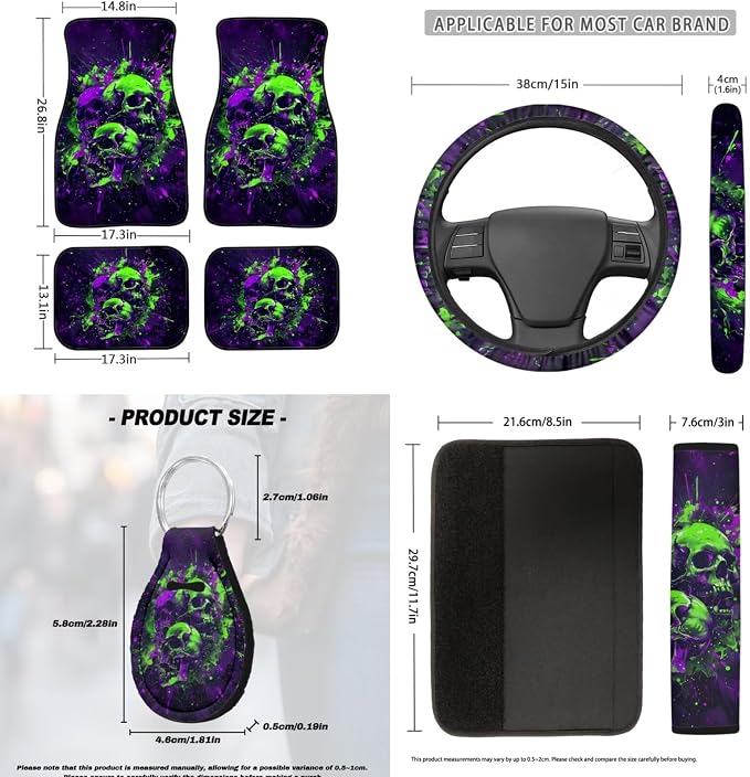 Halloween Ink Skull Car Interior Accessories Set of 18, Car Seat Covers Full Set with Auto Steering Wheel Cover Floor Mats Seat Belt Pads Armrest Pad Handle Wraps Keychains Cup Coasters