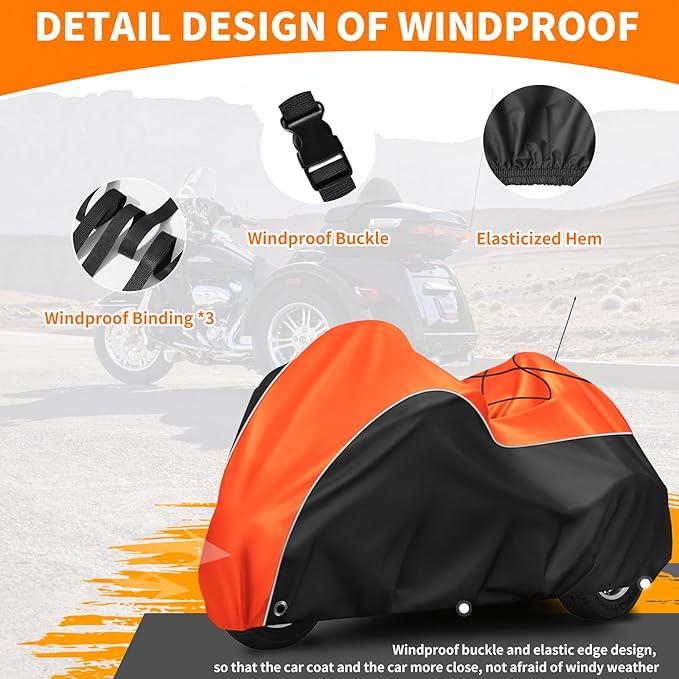 COVERVIN Trike Cover, Waterproof 3 Wheel Motorcycle Cover for Harley Honda Goldwing Freewheeler Tri Glide Ultra, with Antenna Opening, Windproof Buckles & Reflective Strips (Black&Orange)