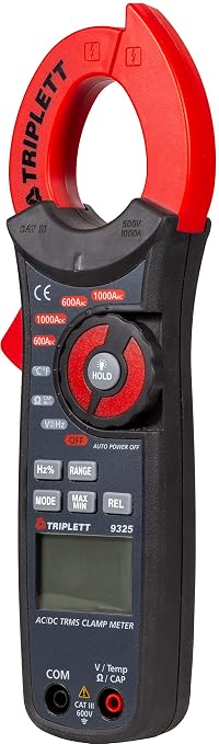 Triplett 9325 True RMS 6000 Count Clamp-On Digital AC/DC Meter - Current, Voltage, Resistance, Frequency, Capacitance, Temperature, Continuity, Diode Check, and Duty Cycle