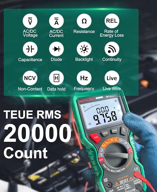 Digital Multimeter, 20000 Counts High Resolution TRMS Auto-Ranging Multimeter AC/DC Voltmeter Accurately Measures Voltage Current Resistance Diodes Continuity Duty-Cycle Capacitor Temperature