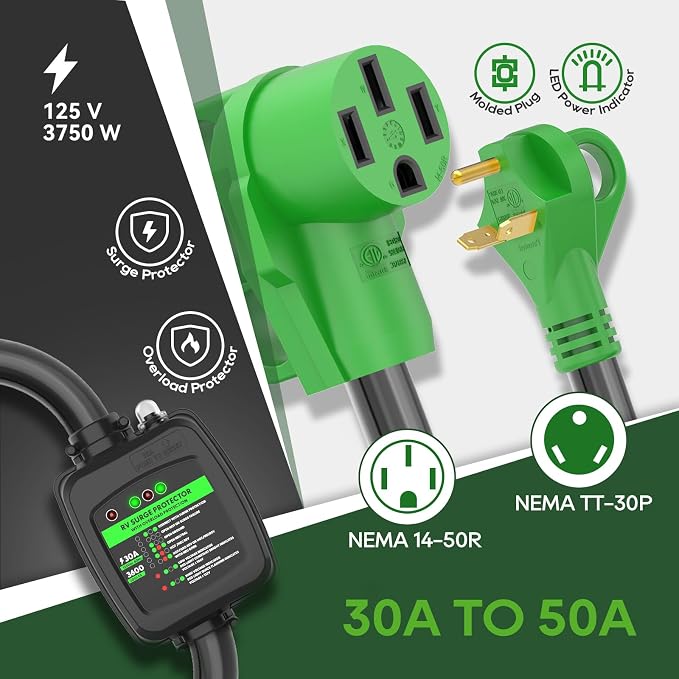 RVGUARD Surge Protector 30 Amp to 50 Amp RV Adapter Cord with Overload Protection, NEMA TT-30P to NEMA 14-50R Electrical Power Adapter, 2 Feet, Green, ETL Listed