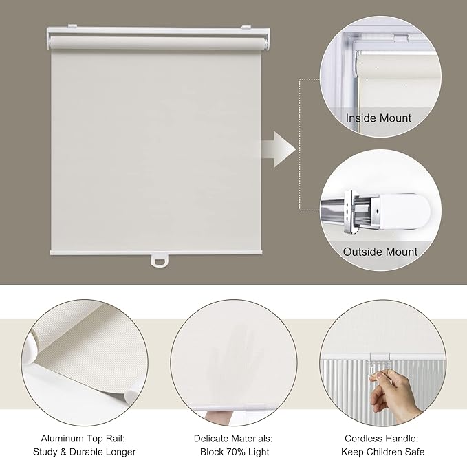 AOSKY Cordless Roller Shades for Windows Light Filtering Shades with 5% Openness Solar Screen Semi Sheer Roller Blinds UV Protection for Office and Home. Easy to Install 35" W x 72" H (White)