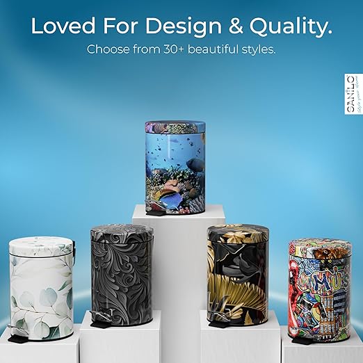 Sanilo Small Bathroom Trash Can with Lid [1.3 Gallon] - Lidded Tiny Trashcan for Garbage - Mini Metal Bin with Soft Closing Mechanism - Bath Room Accessoire Wastebin with Inner Bucket (Ocean)