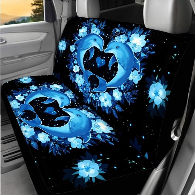 BIGCARJOB Cute Blue Dolphin Car Seat Accessories Full Set 15 Pack Neon Dolphin Seat Cover for Cars Front and Rear Handbrake Cover,Headrest Pillow Cover,Seat Belt Pads,Universal Fit