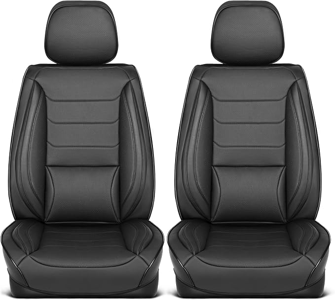 MotorBox Elite Edition Faux Leather Seat Covers for Cars, Trucks, & SUV - 2 Black Car Seat Covers for Front Seats - Universal Fit Car Accessories Automotive Interior Cover Protector for Most Vehicles