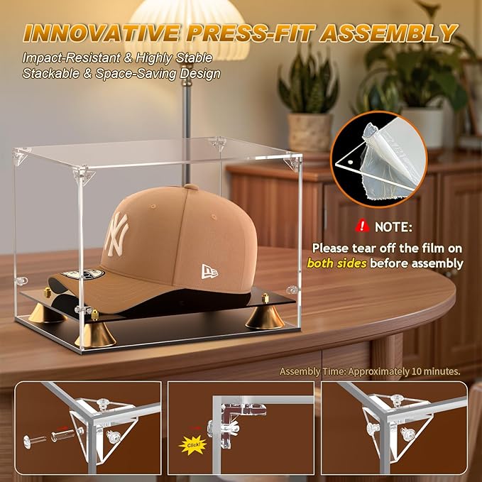 KOLIPI Hat Display Case, Clear Acrylic Baseball Cap Display Box with Double Layer Base, Self-Assembly Showcase for Baseball Cap, Snapback, Mini Helmet, UV Protection for Signed Memorabilia