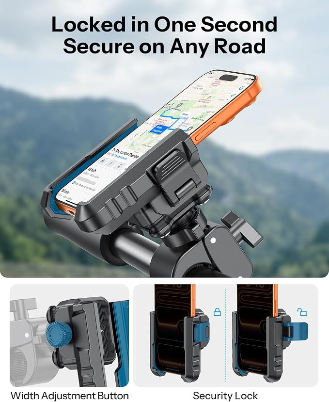 OMOTON BK01 Anti-Vibration Phone Mount, Quick Lock Shockproof Bike & Motorcycle Phone Holder, Fits iPhone & Android for Riders on E-Bike, Stroller, Scooter, Fits Handlebars & Rearview Mirror, Blue
