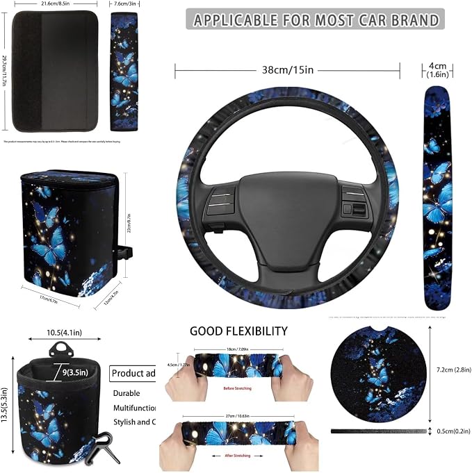 Dreaweet Blue Butterfly Car Seat Covers Full Set for Women Fashion Car Accessories Seat Cover with Steering Wheel Cover Seatbelt Pad Coasters Garbage Bag Air Vent Pouch Rear View Mirror Cover Keychain