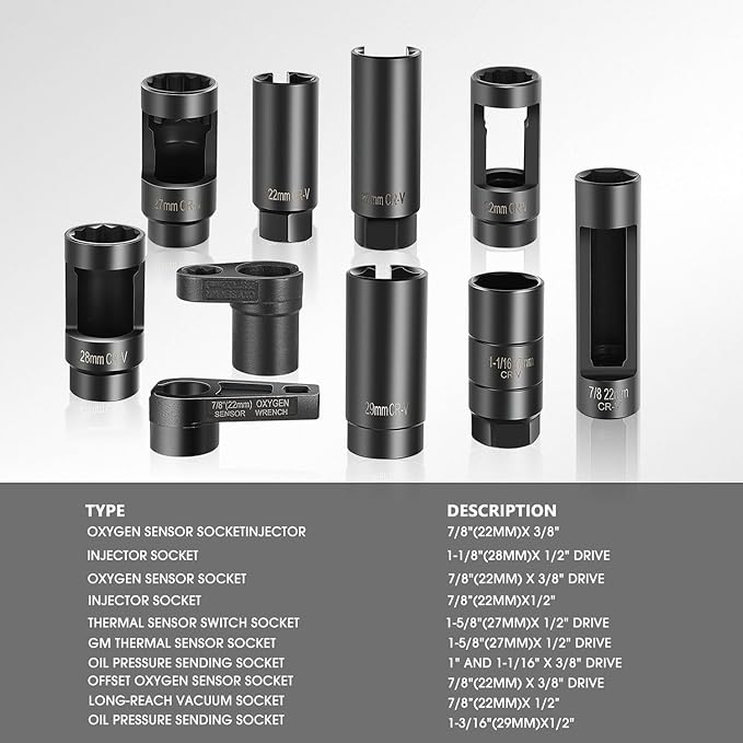 DNA MOTORING 10pcs Professional Oxygen Sensor Socket Removal Tool Set Oxygen Sensor Wrench Removal Tool Oil Pressure Sensor Socket Universal O2 Sensor Wrench Kit for Automotive Repair, TOOLS-00776