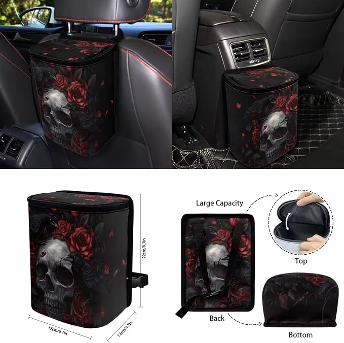 15 Pcs Red Rose Skull Car Seat Covers Full Set for Women Goth Car Accessories Interior Car Steering Wheel Cover Seatbelt Covers Trash Bin Rear View Mirror Cover Cup Holders Keychain