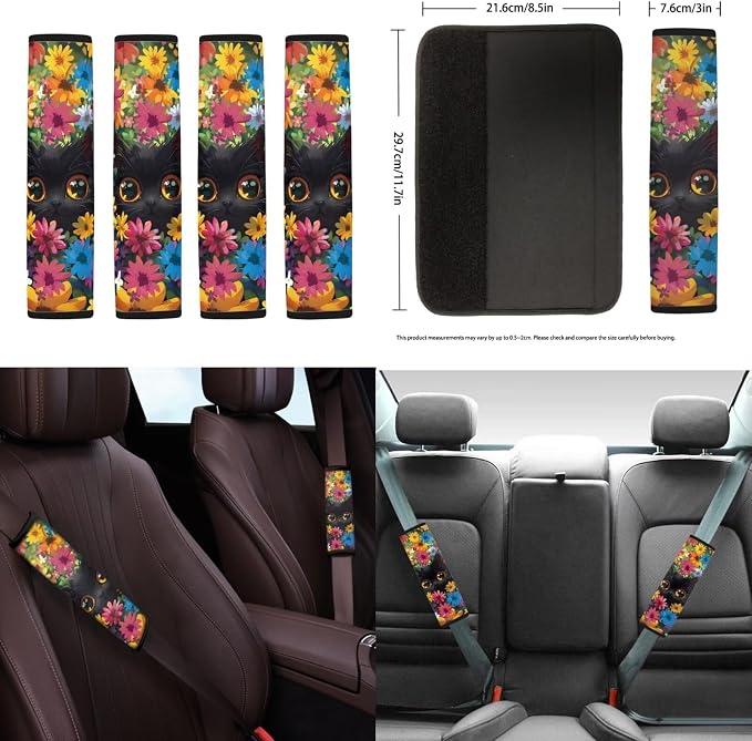 18Pcs Cute Cat Car Seat Cover Sets Full Set Hippie Center Console Cover+Steering Wheel Protector+Seat Belt Covers+Handbrake Protector+Car Cup Mats+Keychain+Headrest Covers Universal fit