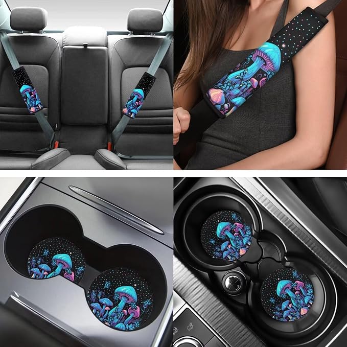 INSTANTARTS Mushroom 13-Piece Car Seat Cover Set with Steering Wheel, Seat Belt, Coaster, Key Fob, Lipstick Covers for Trucks, Vans, SUVs