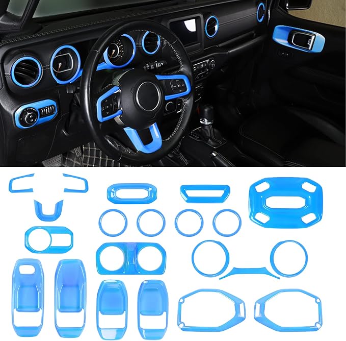 CheroCar 21PCS Full Set Interior Decoration Trim Kit for 2018-2021 Jeep Wrangler JL JLU & Gladiator JT Steering Button Frame, Air Conditioning Vent, Reading Light, Speaker (Light Blue)