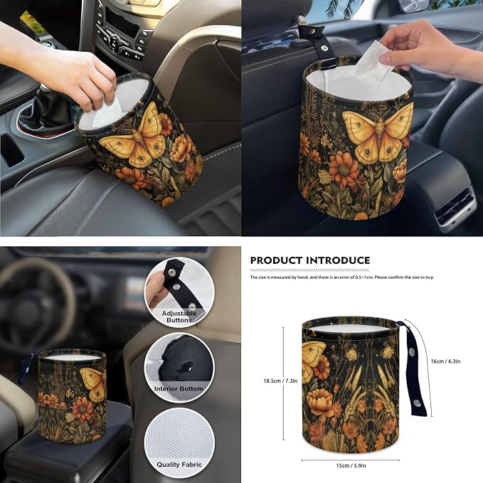 Moon Moth Car Aaccessories Full Set of 15 Pcs, Mushroom Car Seat Covers Set with Rear View Mirror Cover,Steering Wheel Covers,Car Trash Can with Lid for Women Man,Universal Fit