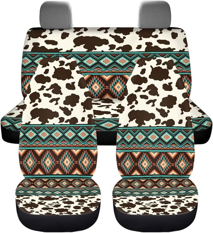 Dreaweet Aztec Cow Car Seat Covers Full Set for Women,Southwestern Car Accessories Interior,Native American Steering Wheel Cover with Center Console Cover,Seat Belt Pads,Car Coasters,Gear Shift Cover