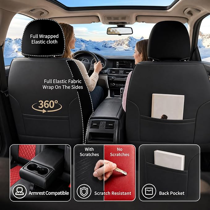 Fit Edge Car Seat Covers for Ford Edge 2007-2025 2026 - Luxury Leather, Anti-Slip, All-Weather, Waterproof & Breathable, Airbag Compatible, 2 Front Seats Only (Red)