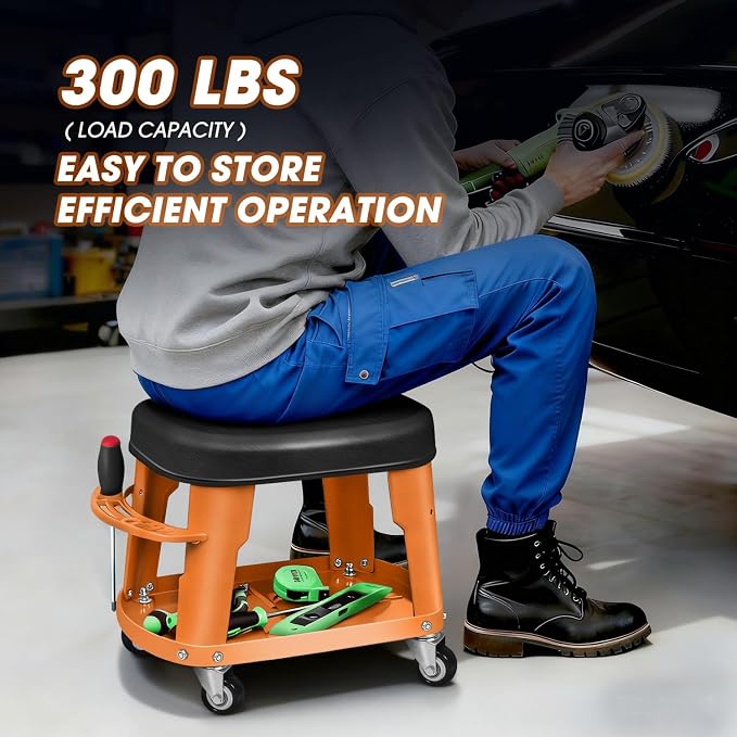DNA Motoring Removable Rolling Garage Stool with Seat Cushion & Tool Tray Plate, 300lbs Max Weight Capacity, Orange, TOOLS-00479-OG