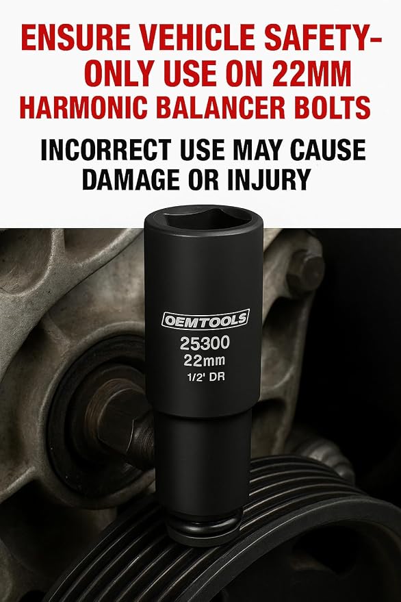 OEMTOOLS 25300 22mm Crank Bolt Socket, Heavy Duty Harmonic Balancer Socket For Stubborn Bolts, 22mm Impact Socket 1/2 Drive Crank Bolt Removal Tool