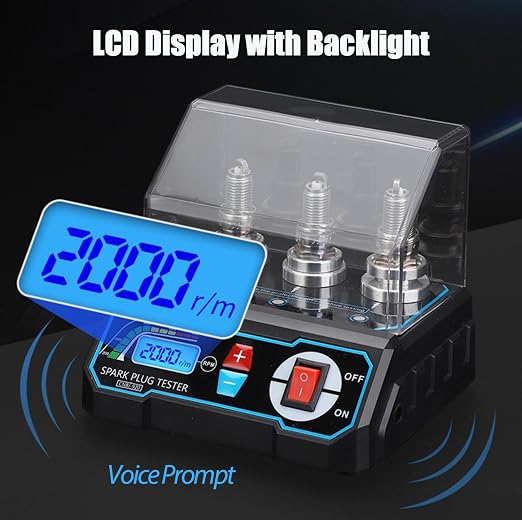 3-Hole Spark Plug Tester, Automotive Engine Ignition Coil Tester with LCD Display, Adjustable 200-9000RPM, Adjustable Socket Spark Plug Gap Tool for 12V Gasoline Vehicles