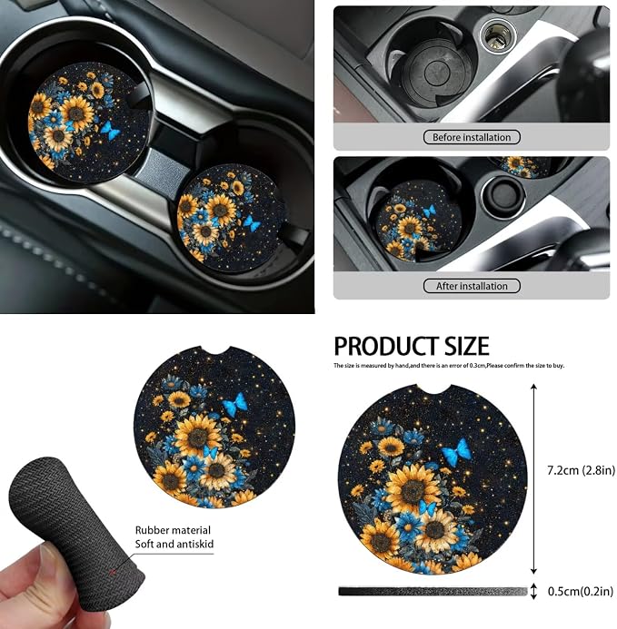 Sunflower Butterfly Car Seat Covers Set of 12 Steering Wheel Cover Car Seat Belt Pad Cover Center Console Cover Fashion Auto Interior Universal Fit Most Vehicles Cars SUV