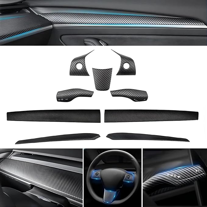 9PCS Dashboard Cover Wrap & Front Door Inner Armrest Panel Cover, Steering Lever Cover and Steering Wheel Cover for Tesla Model 3 2021-2023 & for Model y 2020-2024(Matte Carbon Fiber Printing)