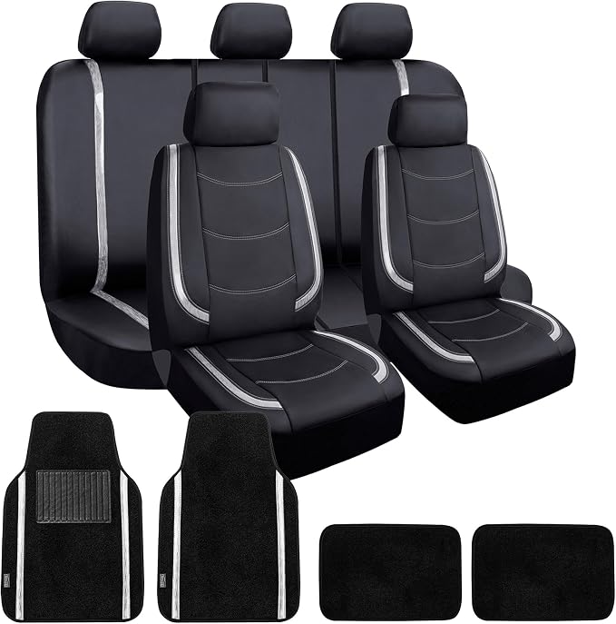 FH Group Galaxy13 Metallic Striped Deluxe Leatherette Car Seat Covers with Matching Carpet Floor Mats – Full Set, Universal Fit, Airbag Compatible for Cars, SUVs & Sedans, White