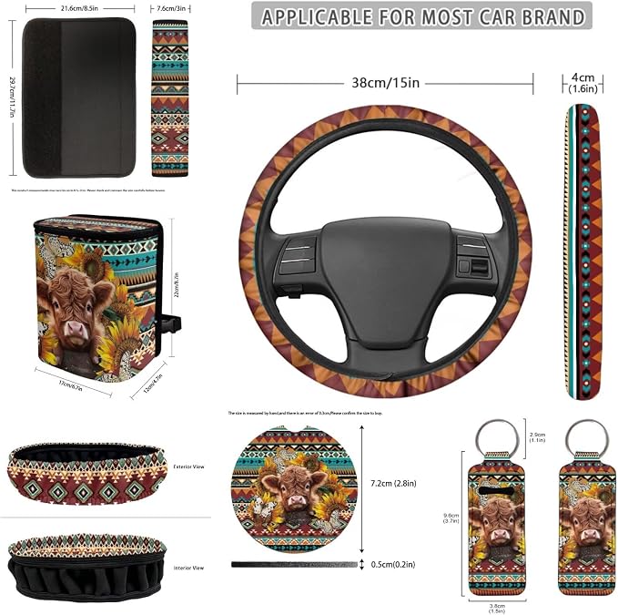 Aztec Highland Cow 12 Pieces Car Accessories Set Steering Wheel Cover Seat Belt Pads Car Trash Bin Rear View Mirror Cover Car Coasters Keychain Holder Keychains Fashion Auto Interior