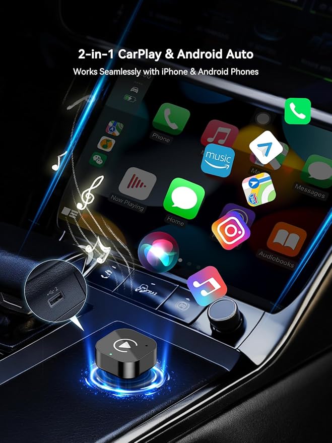 Wireless CarPlay & Android Auto Adapter, USB-A Plug-in Dongle, Converts Factory Wired CarPlay/Android Auto to Wireless (Gloss Black,USB-A)
