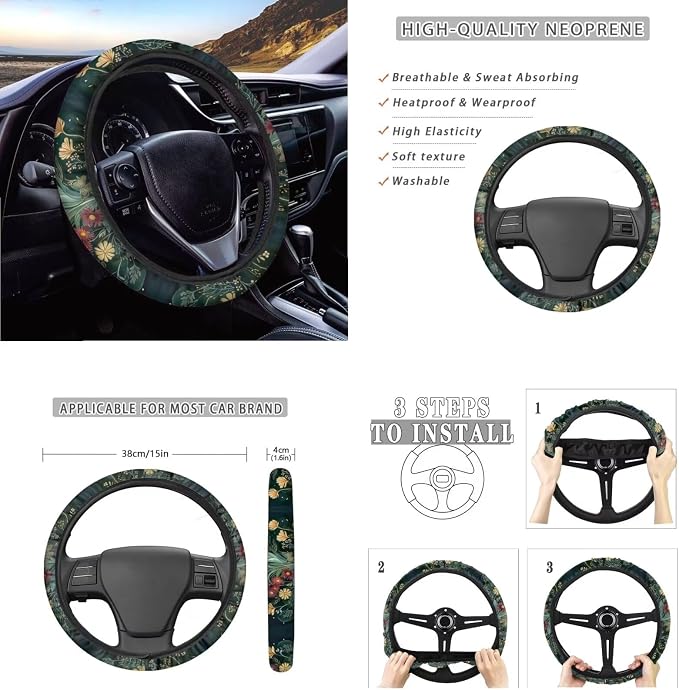 Ystardream Retro Moth Mushroom Car Seat Covers Full Set for Women Girly Car Seat Covers with Matching Steering Wheel Cover Machine Wash Automatic Interior Set Green