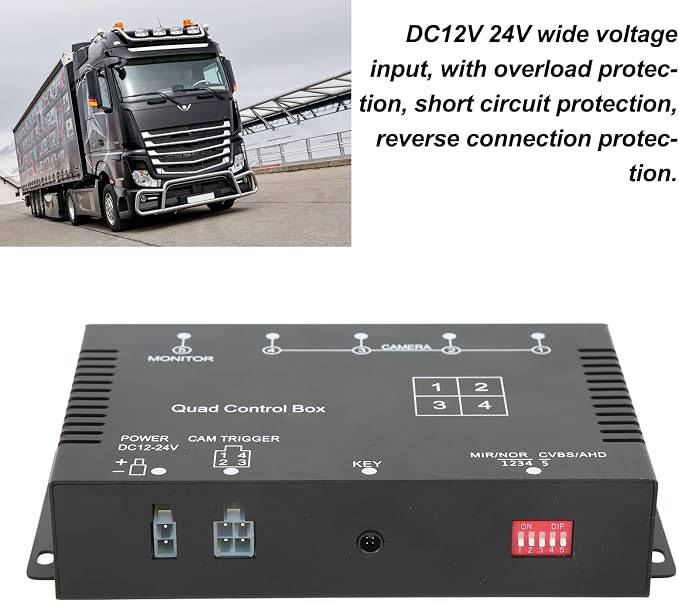 Parking Camera Video Switch, 4 Channel 1080P AHD Heavy Duty DC 12V/24V Multiplexer Control Box with Quad Split Screen for RV Truck Bus Trailer Semi Truck Commercial Vehicle