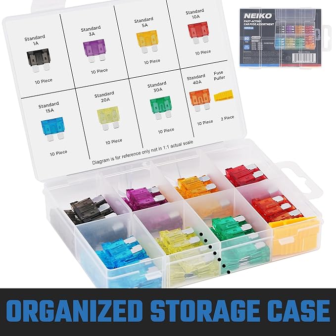 NEIKO 50504A Car Fuses Assortment Set, 80pc, Fast Acting, Auto Fuses Kit, Standard Sizes, 1A, 3A, 5A, 10A, 15A, 20A, 30A, and 40 Amp, Marine Boat, Automotive, Motorcycle, RV, Car Fuse Kit, Fuse Puller