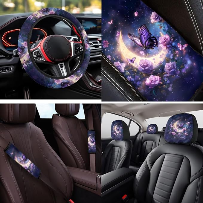 Bulopur Floral Butterfly Car Seat Covers Set with Armrest Cushion Pad Non-Slip Vehicle Seat Belt Shoulder Strap Covers Headrest Covers Coasters Vehicle Interior Decor Set for Van Sedan SUV 14 Pieces
