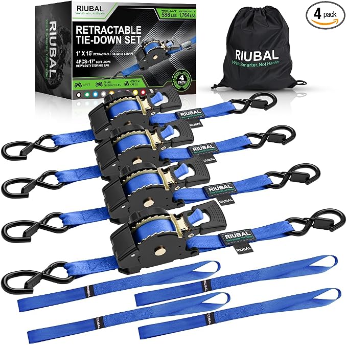 Retractable Ratchet Straps (4-Pack) - 1 Inch x 15 Feet (1,764lb Break Strength) - Auto Self Retracting Tie Down Straps Heavy Duty for Motorcycle, ATV, UTV, Truck, Cargo Trailer – Blue