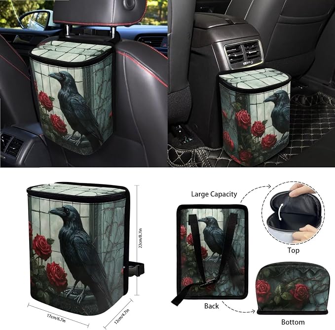 Raven Rose Printed 15 Pack Car Seat Cover Set with Steering Wheel Seat Belt Strap Rearview Mirror Cover Garbage Cans Air Vent Pouch Coasters Keychain Universal Fit for SUV Sedans
