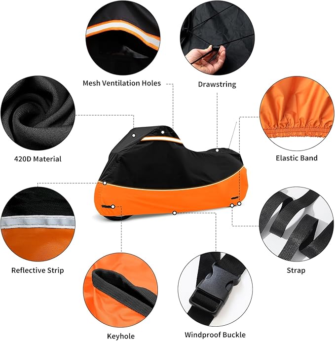Heavy Duty Motorcycle Cover Waterproof Outdoor Storage - Road King Glide Street Glide Heritage Classic for Low Riders and Most Motorcycles(Black&Orange)
