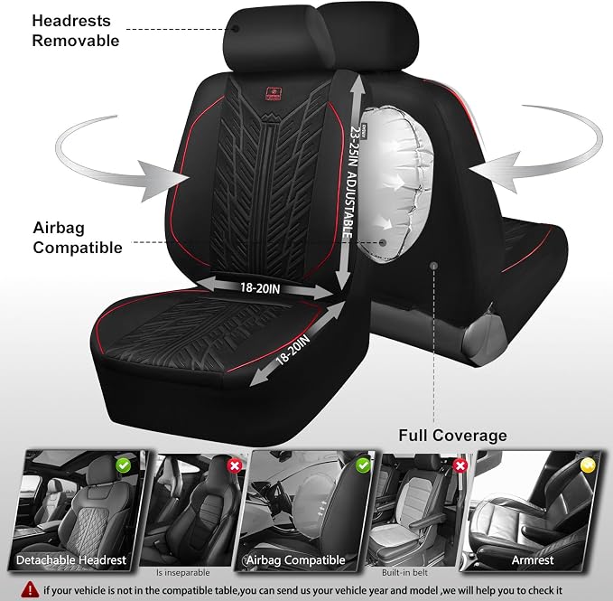 CAR PASS Waterproof Car Seat Covers Front Seats,Neoprene Seat Covers 3D Tyre Embossed,All-Weather Automotive Seat Cover Non-Slip Durable,Universal Fit for SUVs Cars Trucks, Airbag Compatible,Black Red