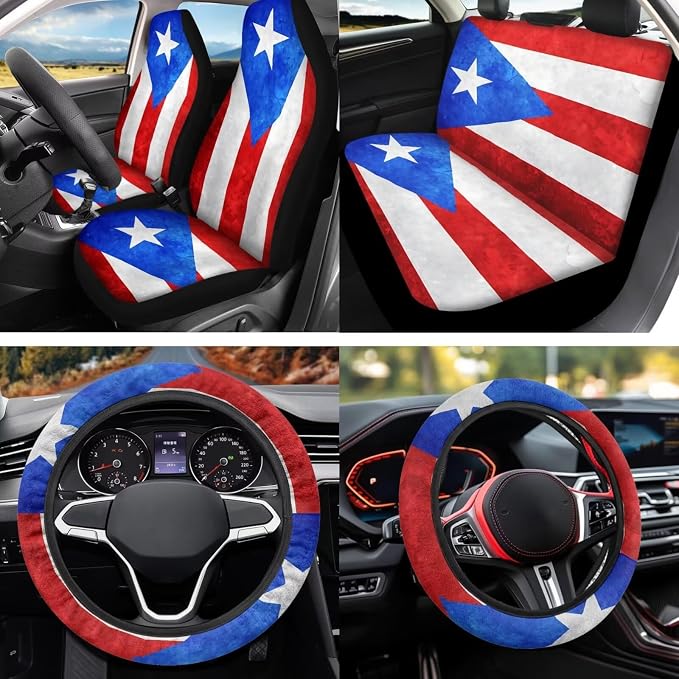 Puerto Rico 12Pcs Car Seat Covers Full Set Car Seat Belt Cover Steering Wheel Cover Armrest Cushion Cup Coasters and Keychain Holder Suitable for Most Cars,SUV