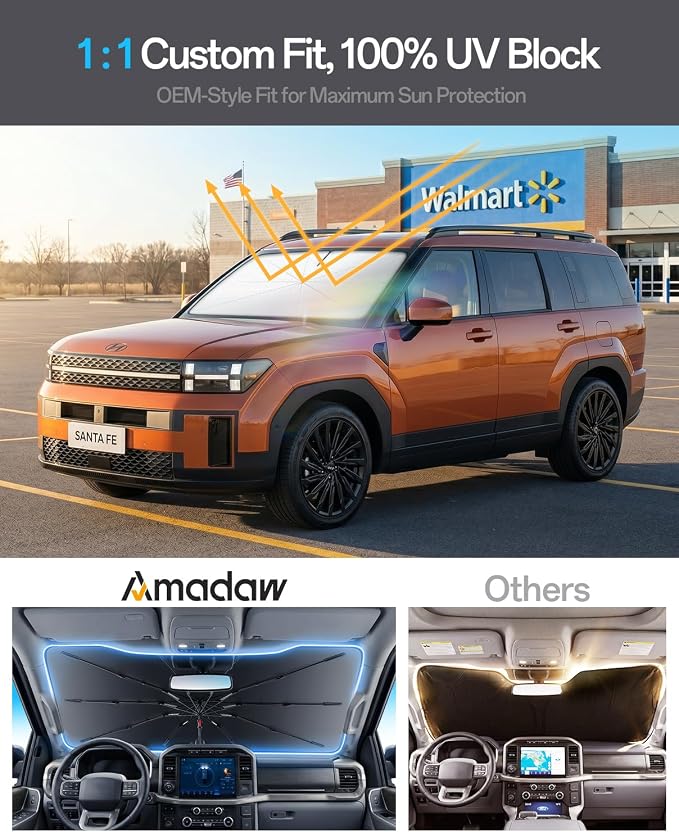 Windshield Sun Shade for Hyundai Santa Fe 2001–2026, Foldable Umbrella Sunshade with 100% UV Block, Multi-Layer Heat Insulation, Reinforced 10-Rib Frame, Keeps Car Cooler