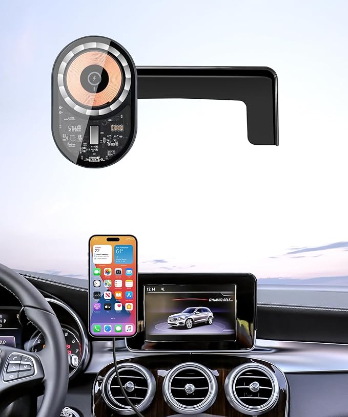 Wireless Charging Car Phone Holder for Mercedes Benz GLC-Class 2016-2019 / C-Class 2015-2018, 7" Screen Fixed Clip, 360° Rotation Car Phone Mount Compatible with MagSafe
