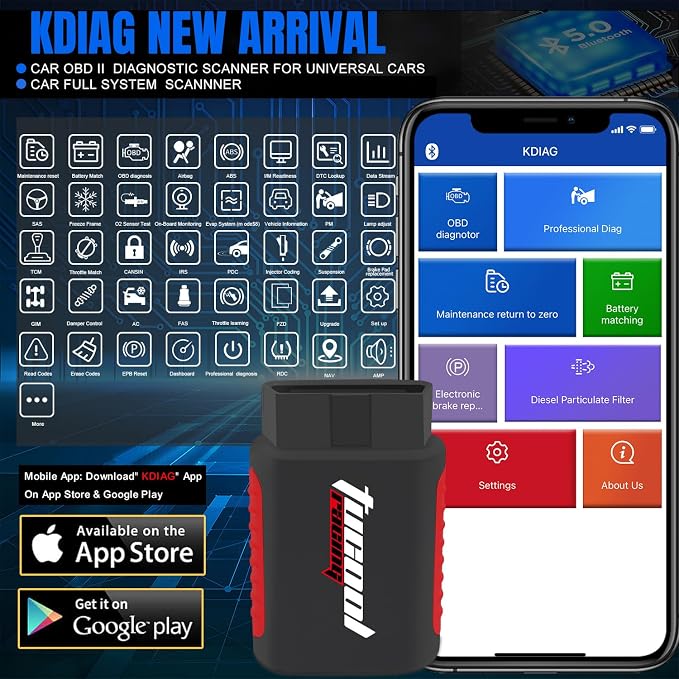 KDIAG OBD2 Scanner Diagnostic Tool, Car Code Reader for iOS & Android, Full System Auto Scanner for OBDII 1996+ Vehicles