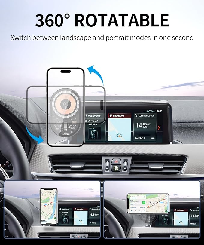 Wireless Charging car Phone Holder for 2016-2022 BMW X1 / 2018-2023 X2 Accessories 8.8-inch Screen Fixed Clip,Non-Obstructing Navigation,MagSafe Compatible, Vibration-Proof, 360° Rotation