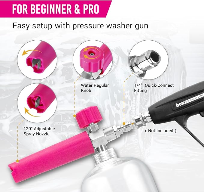 H.O.W DETAILING 1L Snow Foam Cannon, Car Foam Sprayer for Pressure Washer with 1/4'' Quick Connector & Adjustable Spray Nozzle