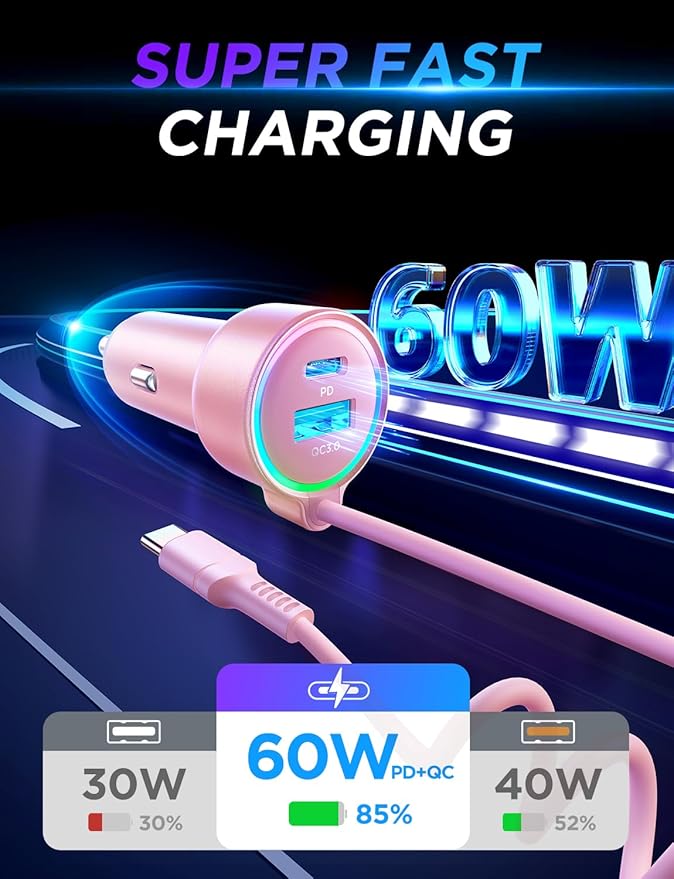USB C 60W Super Fast Car Charger PD& QC3.0 with 5ft 30W Type C Coiled Cable, Car Phone Charger Adapter for iPhone 15 Pro Max Plus, Samsung Galaxy S23/S22/S21, Google Pixel/Moto/LG/Android, iPad Pro