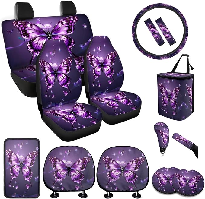 BIGCARJOB Purple Butterfly Car Seat Cover Full Set 15 Pieces Butterfly Print Car Interior Accessories Set with Universal Steering Wheel Cover Car Trash Can Hanging Seat Headrest Covers for Womens