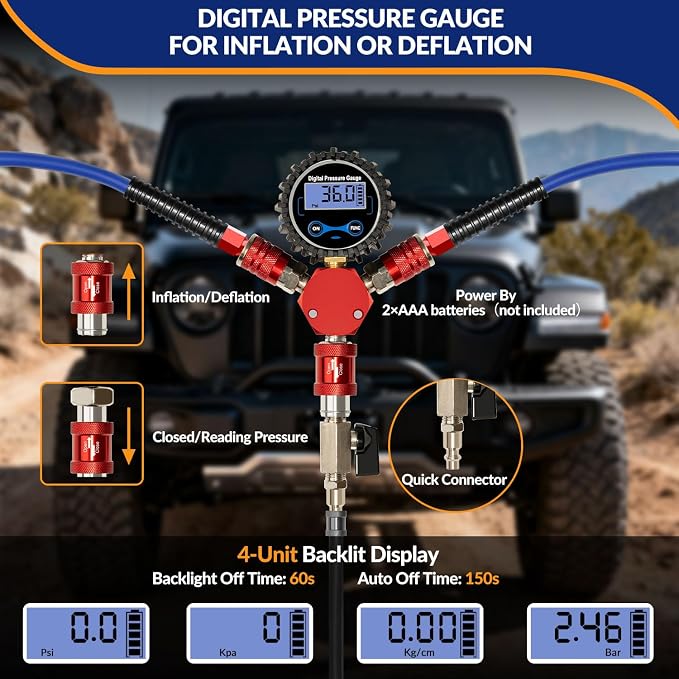 MILADO 4 Way Tire Inflator, 4 Tire Inflation Deflation System, 4 Tire Air Up Down System, Off Road Tire Inflator with Gauge, Air Down Tire Deflators Kit for Trucks Jeeps Fits Up to 125" Wheelbase